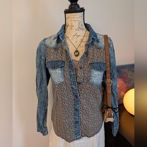 Mudd Vintage Y2K Mixed Media Patchwork Floral & Denim Button Down Shirt Small